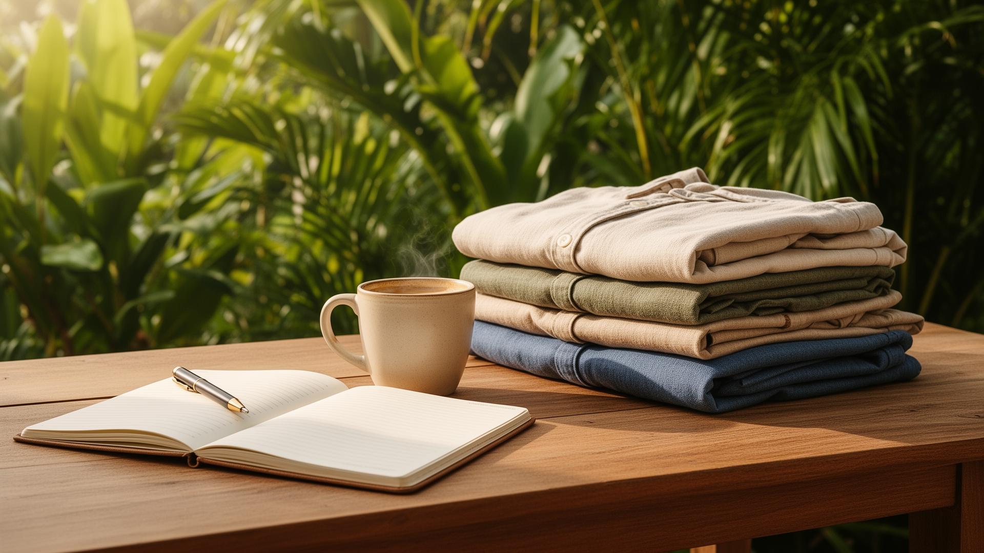 Freshly folded clothes with notebook and coffee in a tropical Bali setting